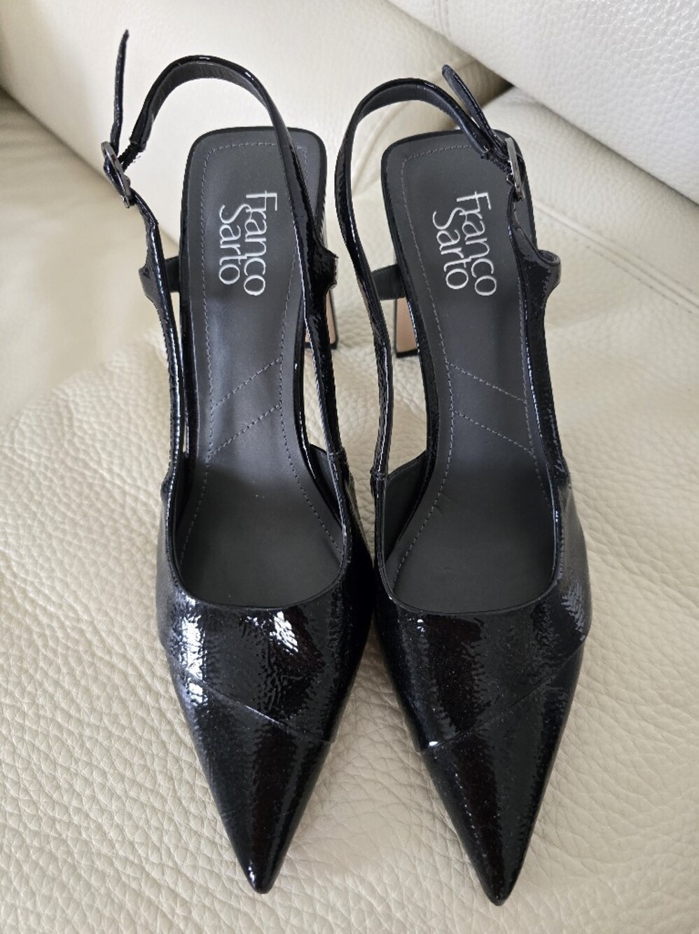 Franco Sarto Patent Black Pointed-Toe Slingback Heels 8.5